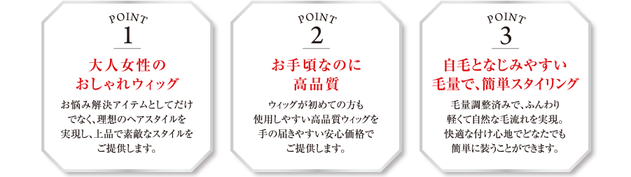 point1
大人女性のおしゃれウィッグ
お悩み解決アイテムとしてだけでなく、理想のヘアスタイルを実現し、上品で素敵なスタイルをご提供します
point2
お手頃なのに高品質
ウィッグが初めての方も使用しやすい高品質ウィッグを手の届きやすい安心価格でご提供します
point3
自毛となじみやすい毛量で、簡単スタイリング
毛量調整済みで
ふんわり軽くて自然な毛流れを実現
快適な付け心地でどなたでも簡単に装うことができます